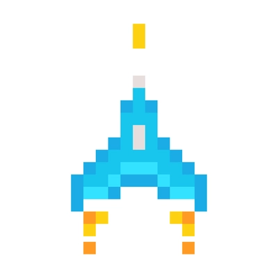 Old 8 bit pixel computer game spaceship in blue yellow and white color flat vector illustration