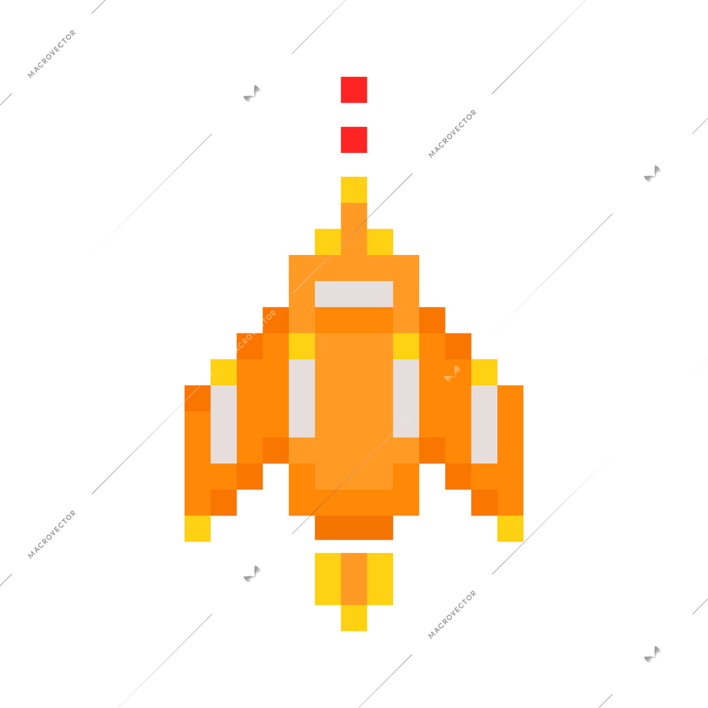 Colored spaceship from old pixel arcade game on white background flat vector illustration