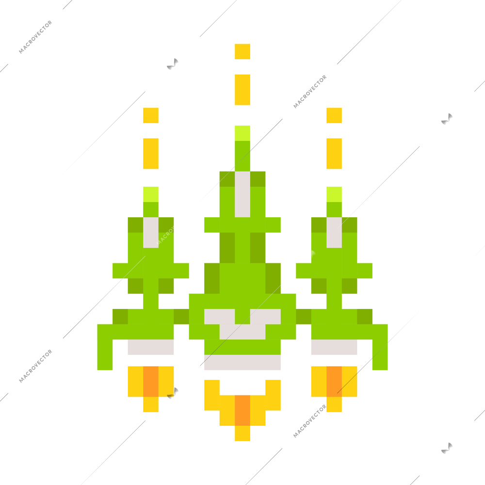 Green and yellow pixel spaceship in retro style flat vector illustration