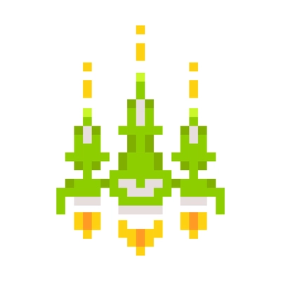 Green and yellow pixel spaceship in retro style flat vector illustration