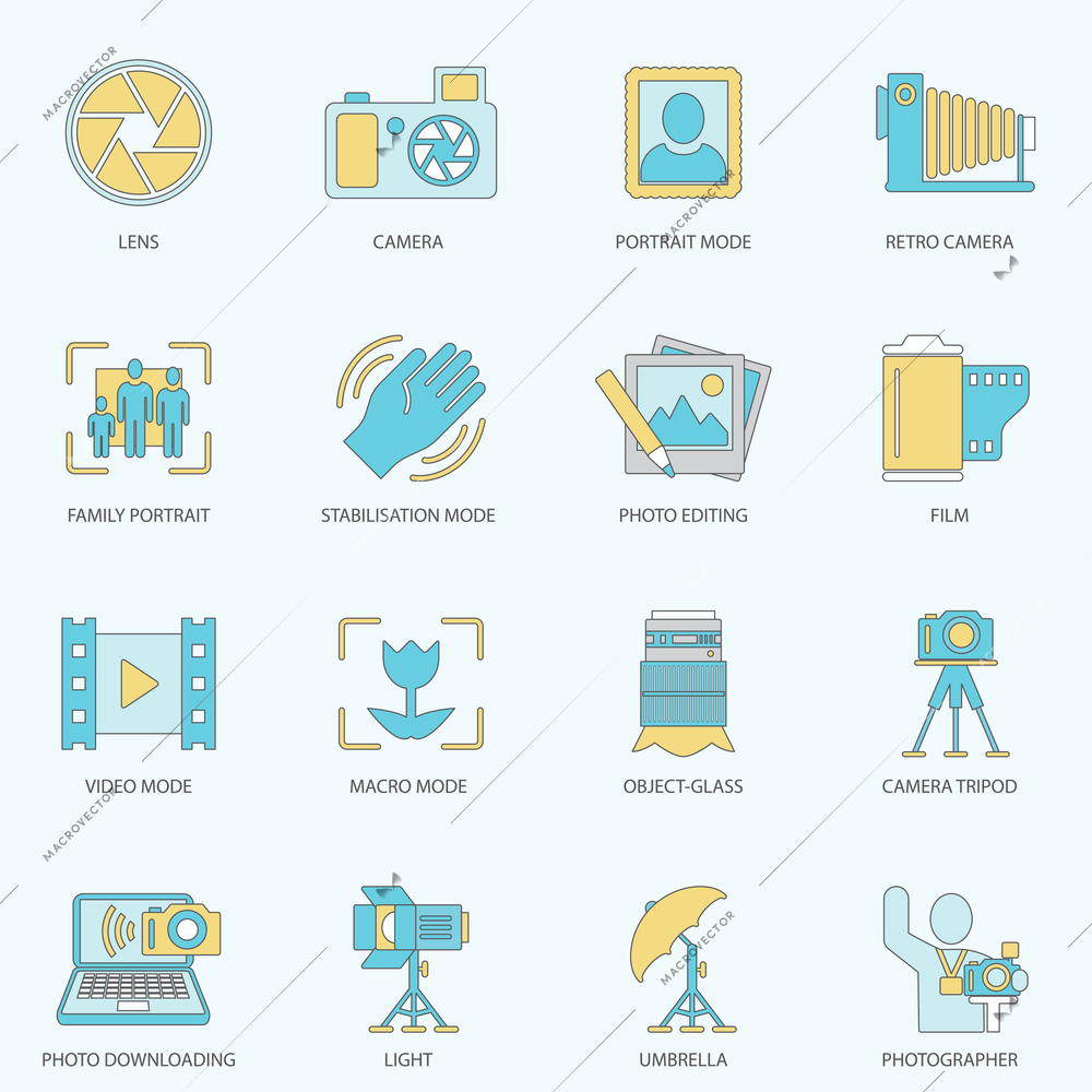 Photography equipment digital camera multimedia icons flat line isolated vector illustration