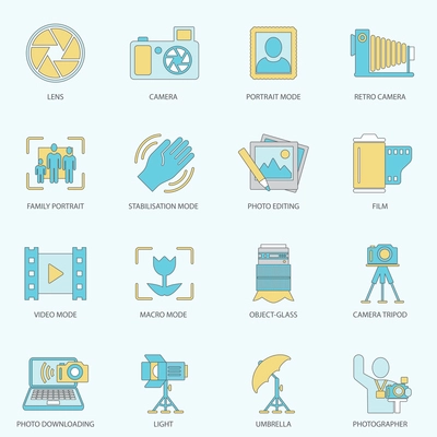 Photography equipment digital camera multimedia icons flat line isolated vector illustration