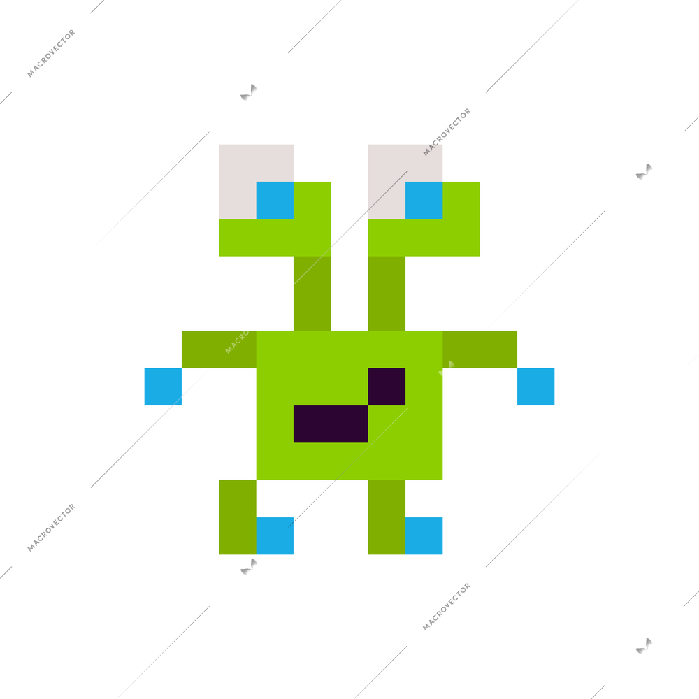 Green alien from retro arcade game icon on white background flat vector illustration