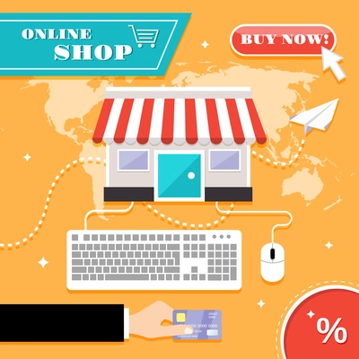 Online shopping concept with store as computer and hand with plastic card vector illustration