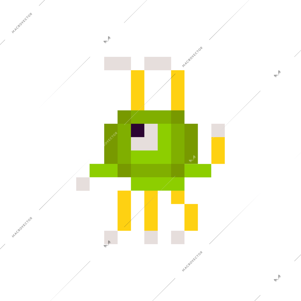 Retro computer game pixel monster on white background flat vector illustration