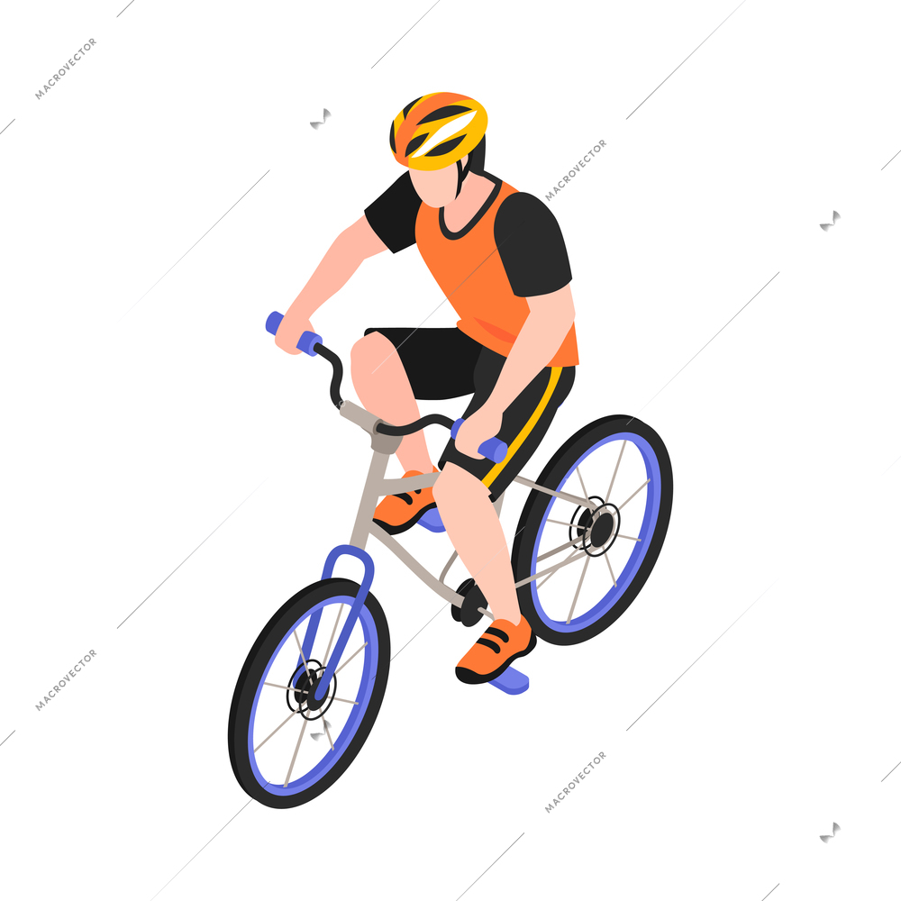 Man in helmet riding bicycle 3d isometric vector illustration