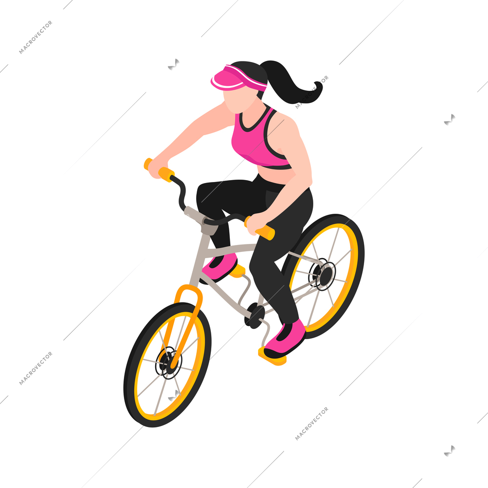 Isometric woman in sports wear riding bicycle 3d vector illustration