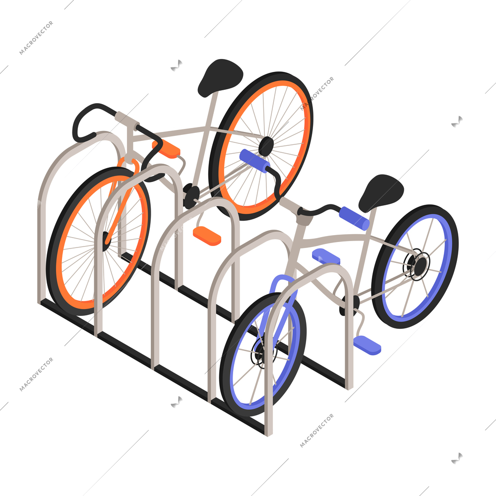 Two bicycles on rakes on white background 3d isometric vector illustration