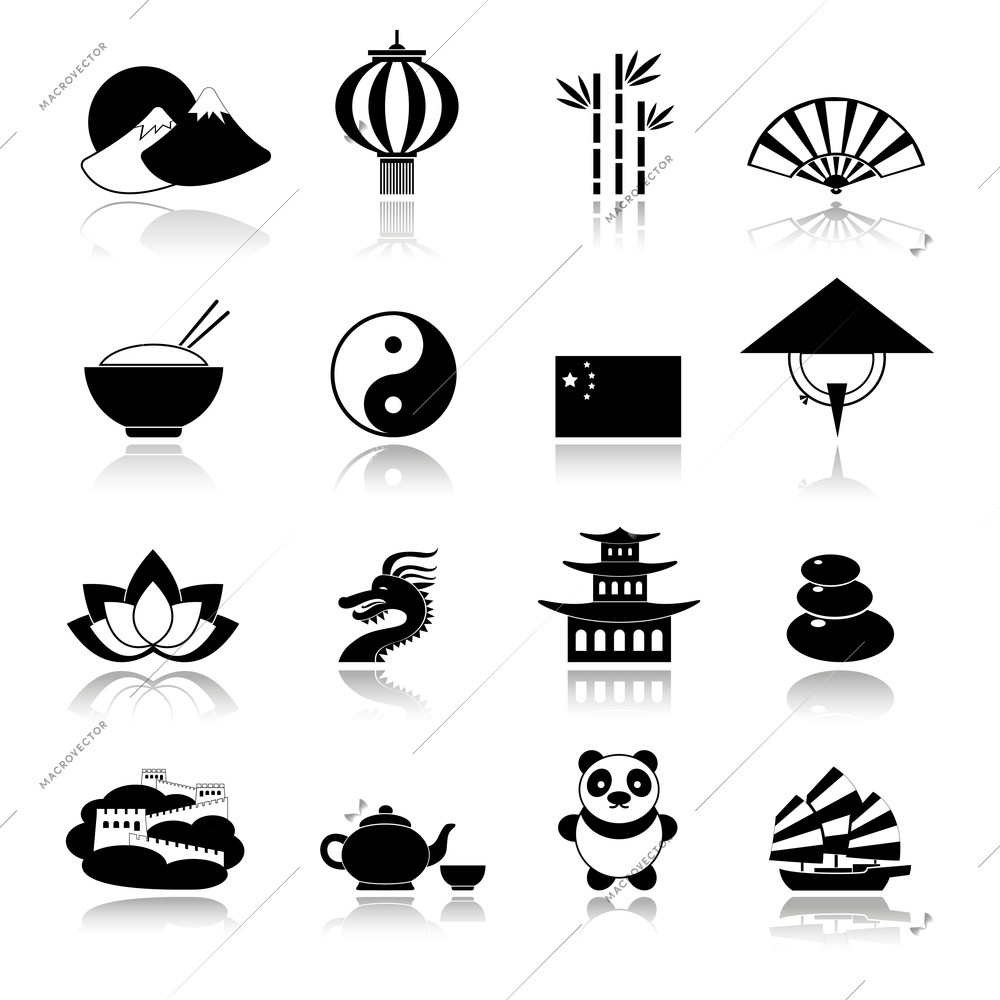 China travel traditional culture symbols black icons set with dragon panda rice isolated vector illustration