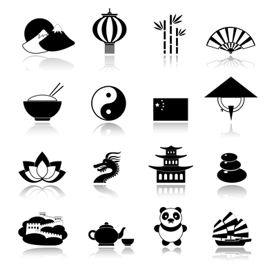 China travel traditional culture symbols black icons set with dragon panda rice isolated vector illustration