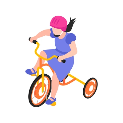 Girl riding childish three wheel bicycle 3d isometric vector illustration