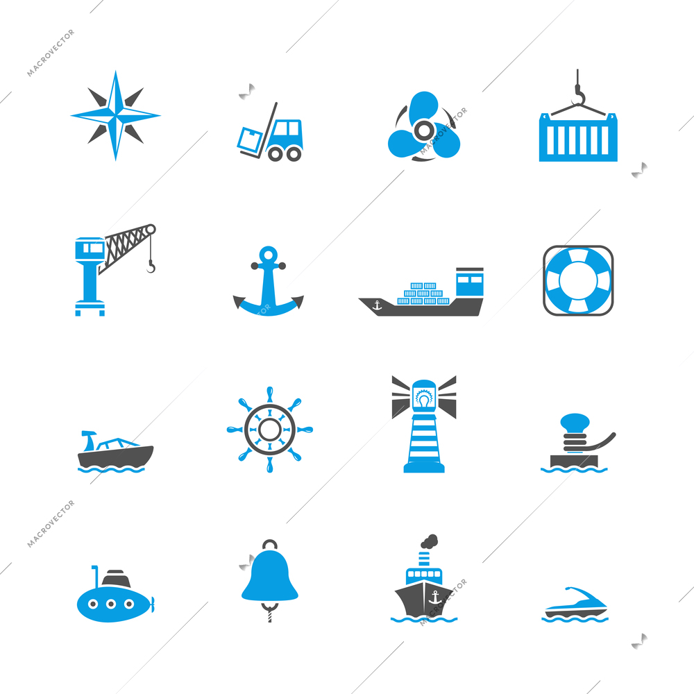 Sea port marine journey and shipping freight icons set isolated vector illustration