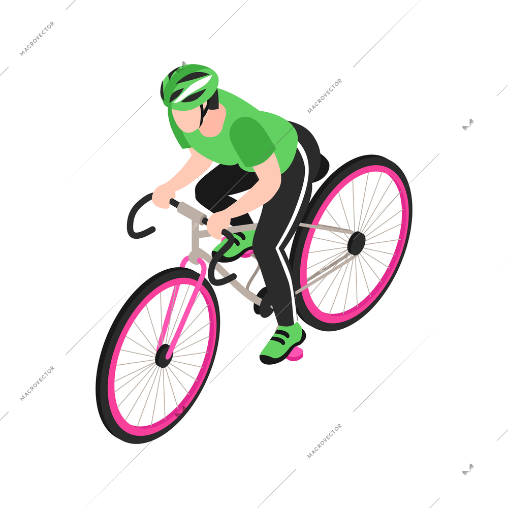 Cyclist in helmet riding fast bicycle 3d isometric vector illustration