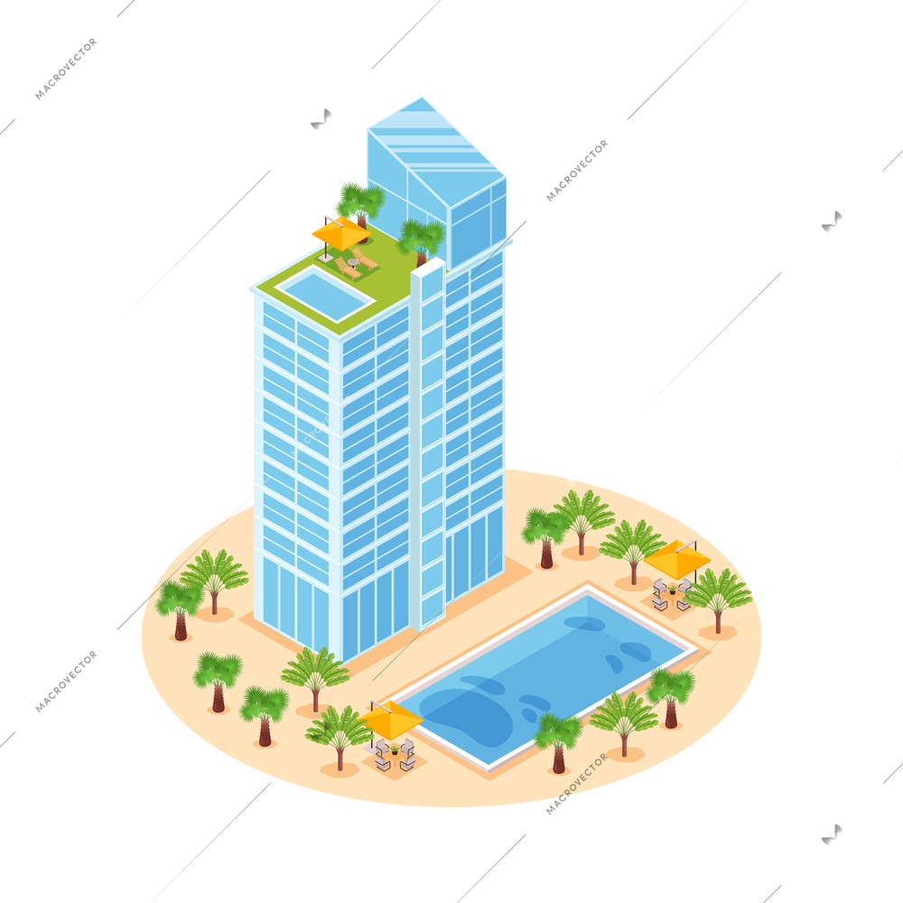 Many storeyed hotel building with swimming pool and lounge zone on roof 3d isometric vector illustration