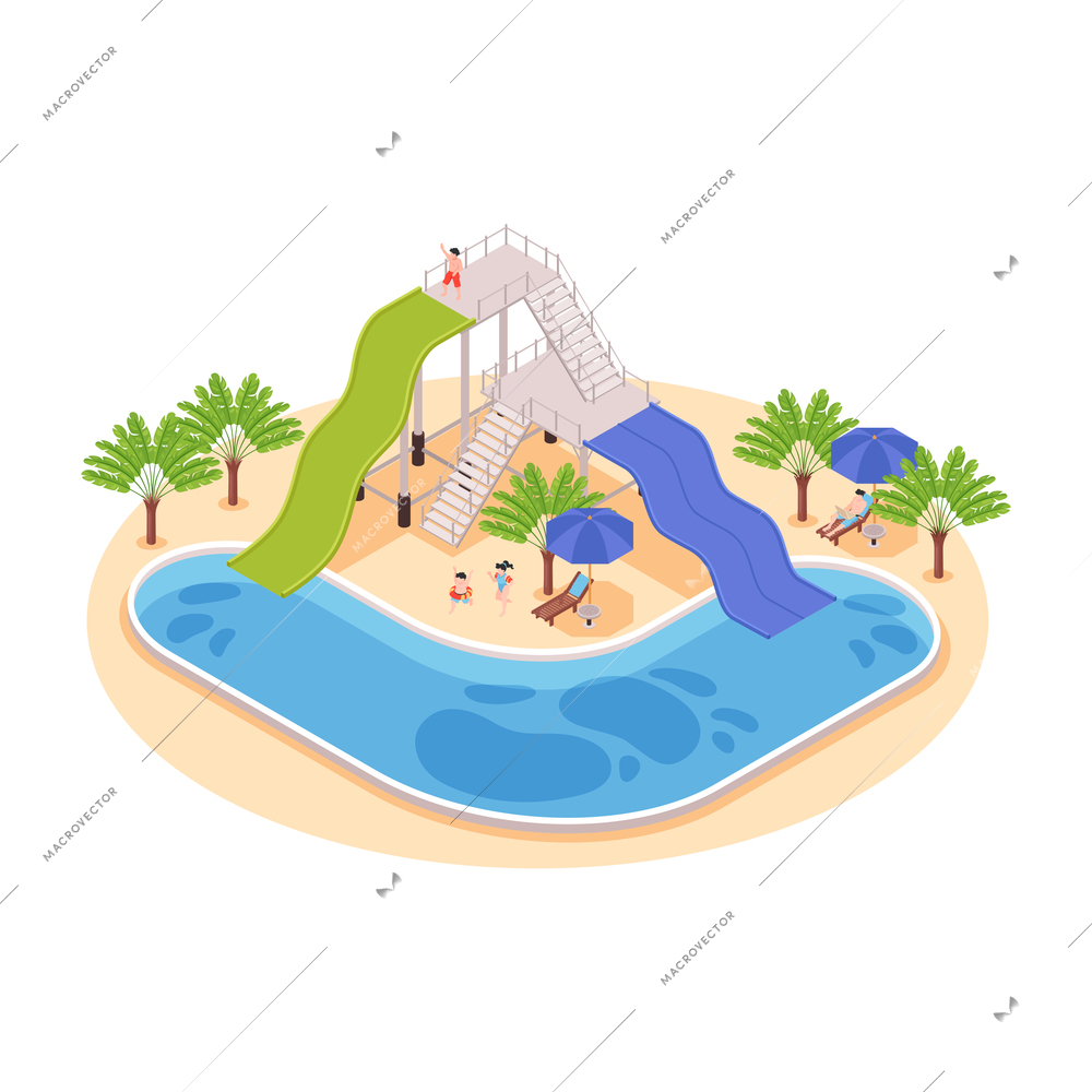 People resting and having fun at water park isometric composition 3d vector illustration