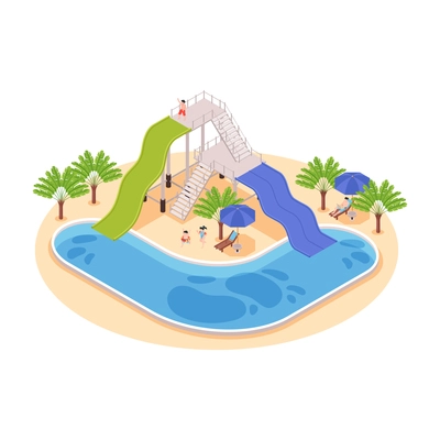 People resting and having fun at water park isometric composition 3d vector illustration