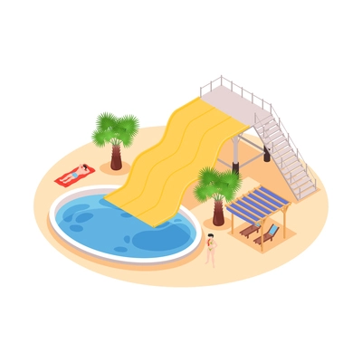 Big water park slides and lounge zone composition 3d isometric vector illustration