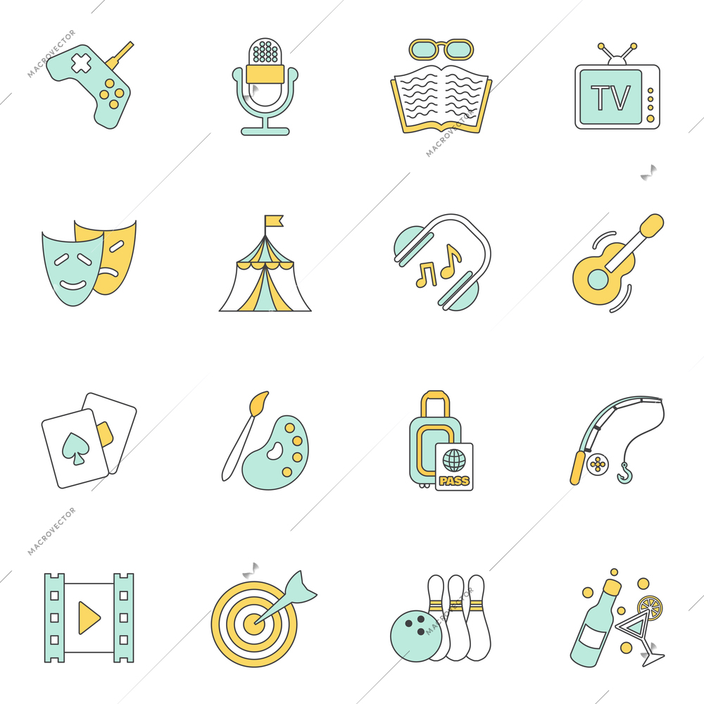 Entertainment flat icons set with movie watching travelling fishing isolated vector illustration