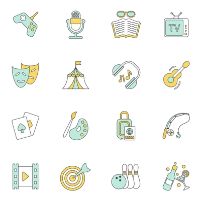 Entertainment flat icons set with movie watching travelling fishing isolated vector illustration