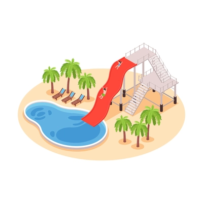 Children going down slide in water park 3d isometric vector illustration