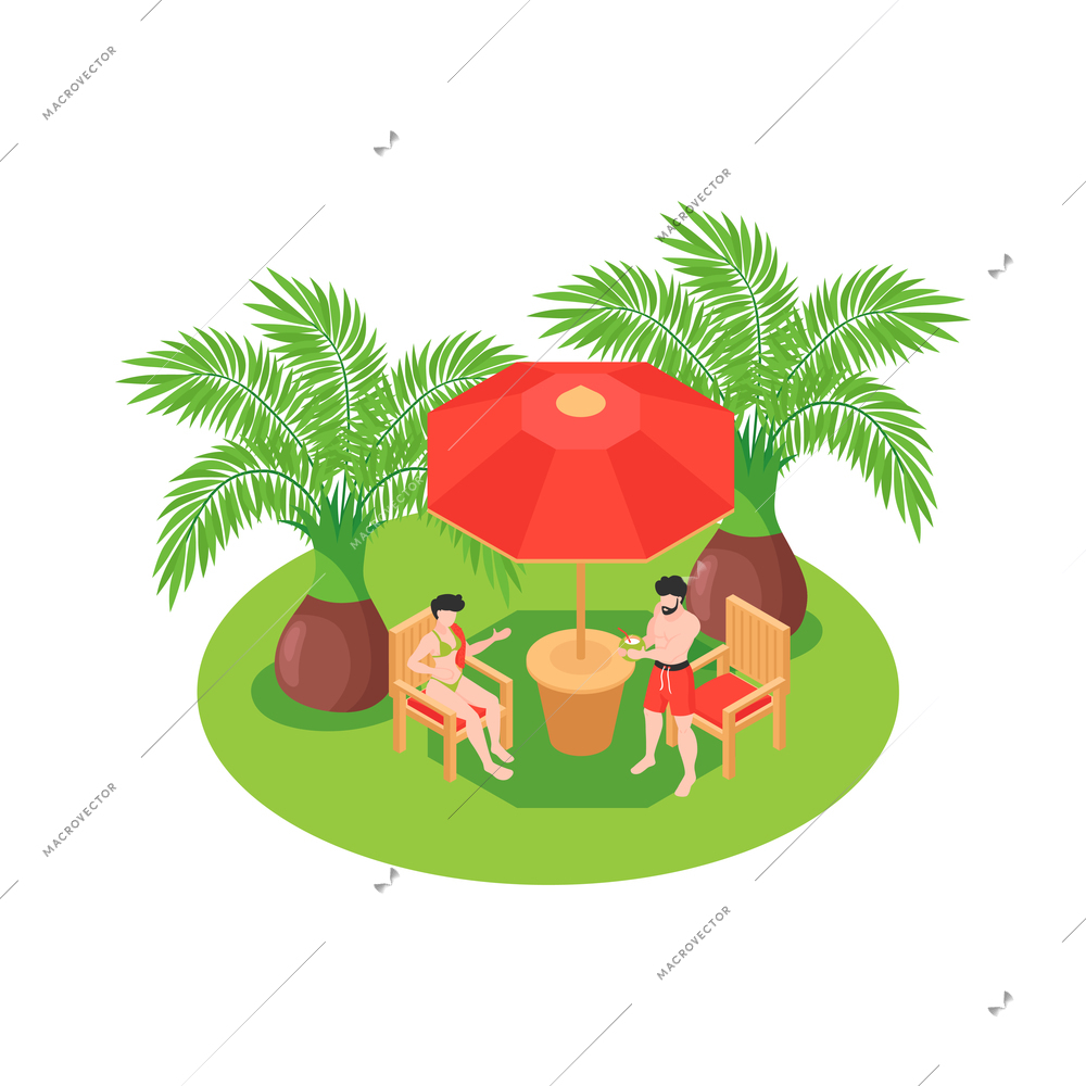 Isometric composition with two people in swimsuits relaxing under umbrella at resort 3d vector illustration