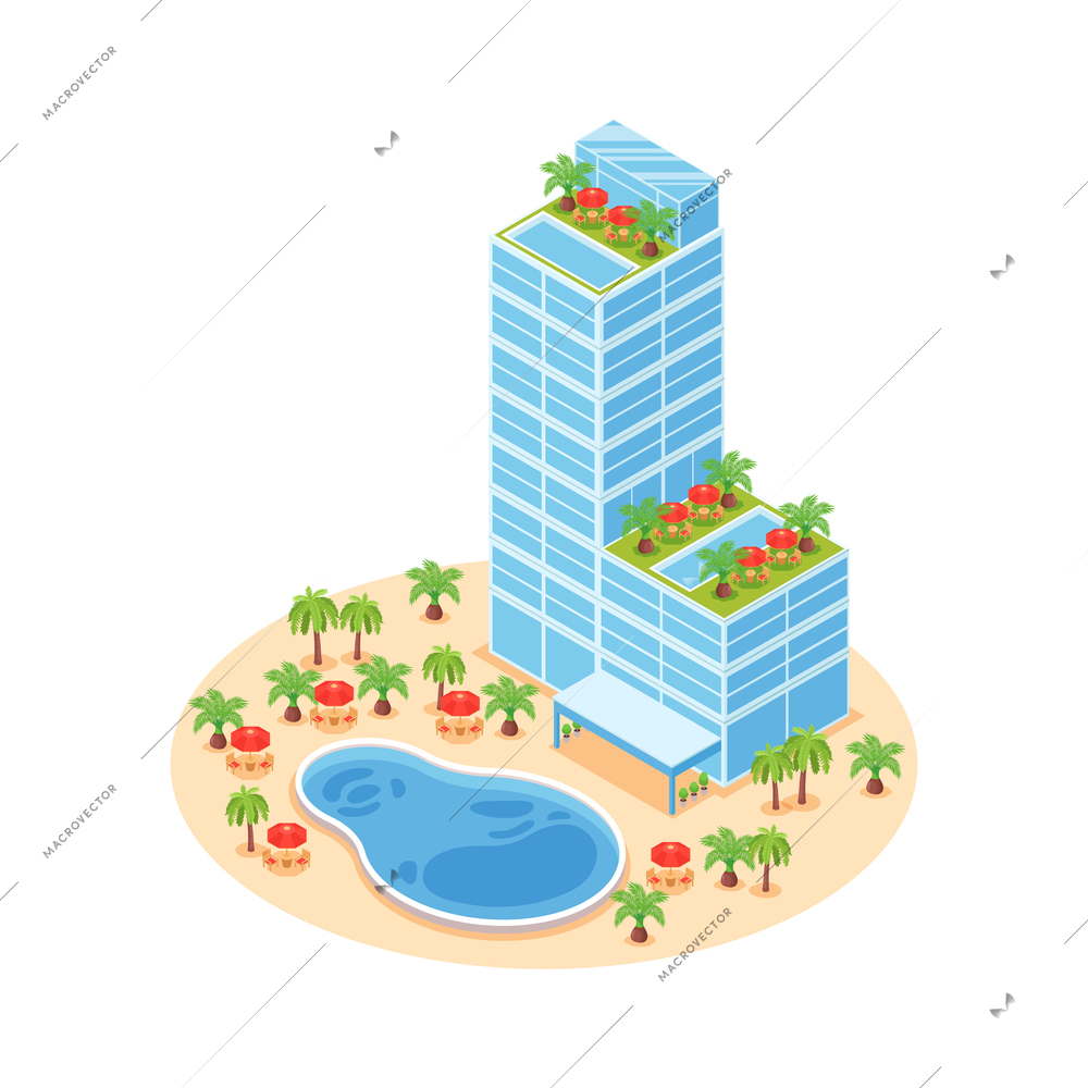 Isometric hotel with swimming pool palms and tables 3d vector illustration