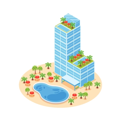 Isometric hotel with swimming pool palms and tables 3d vector illustration