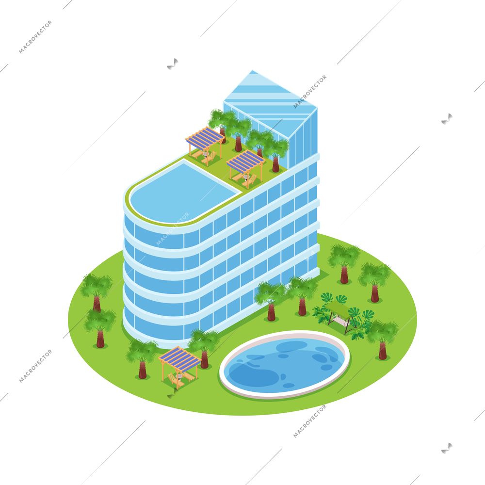 Isometric hotel with water park on white background 3d vector illustration