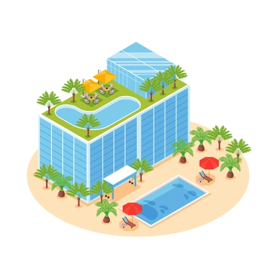 Resort hotel building and its territory 3d isometric vector illustration