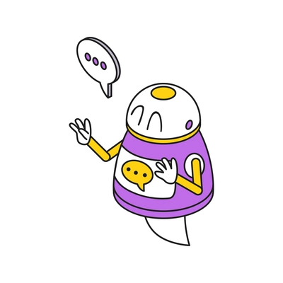 Cute robot chatbot answering question on white background 3d isometric vector illustration