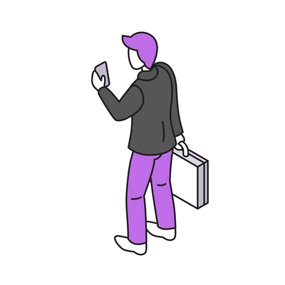 Man with smartphone and suitcase on white background 3d isometric vector illustration