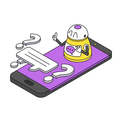 Chatbot isometric concept with mobile phone robot and question marks 3d vector illustration