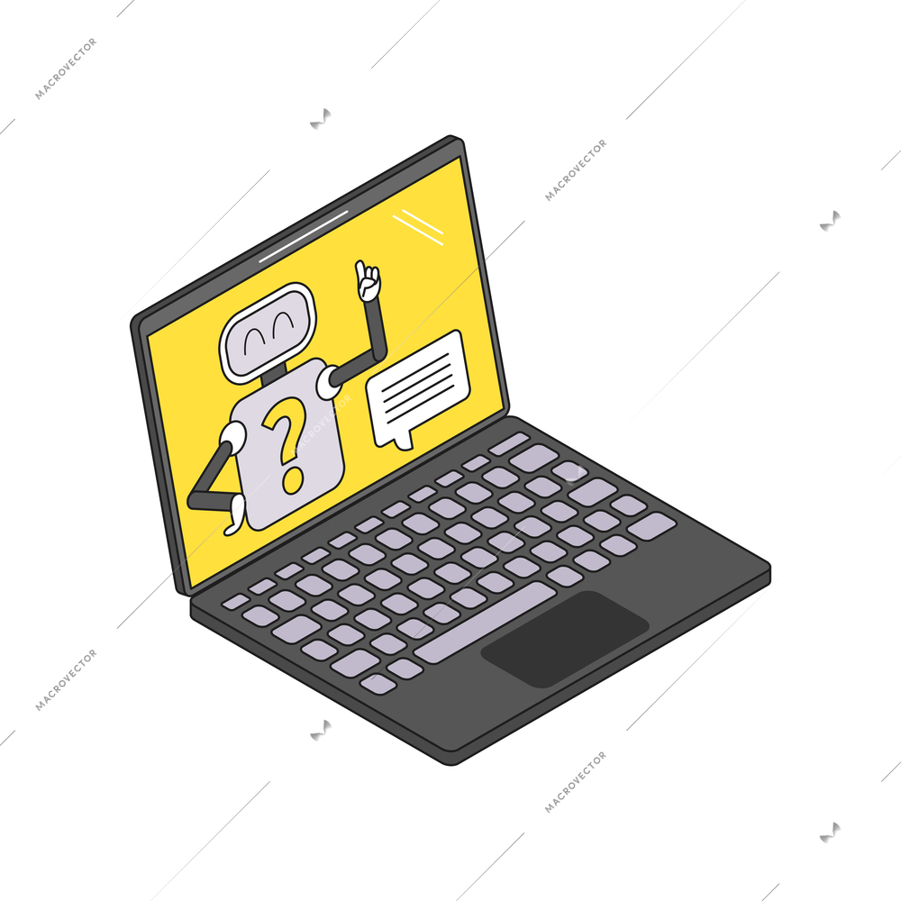 Isometric laptop with chatbot programme on screen 3d vector illustration