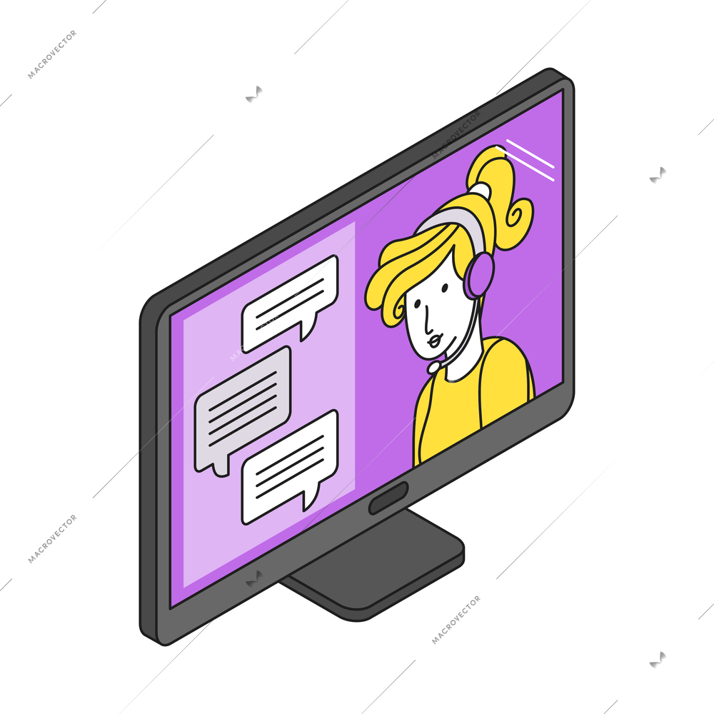 Chatbot answering questions on computer monitor 3d isometric vector illustration