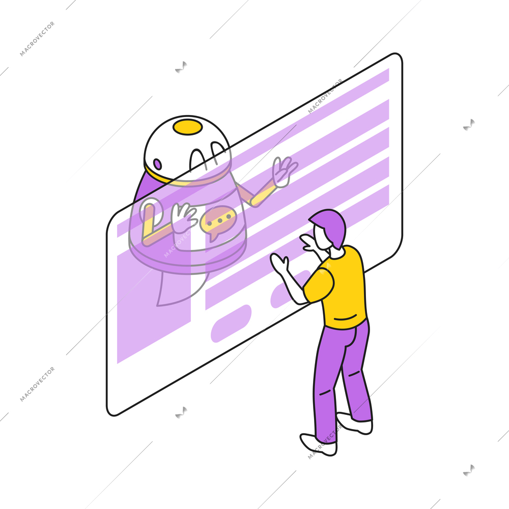 Man asking computer chatbot for help 3d isometric vector illustration