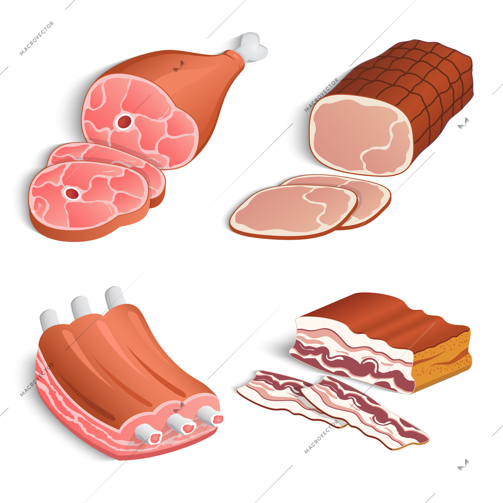 Meat food decorative icons set of bacon ham fillet isolated vector illustration