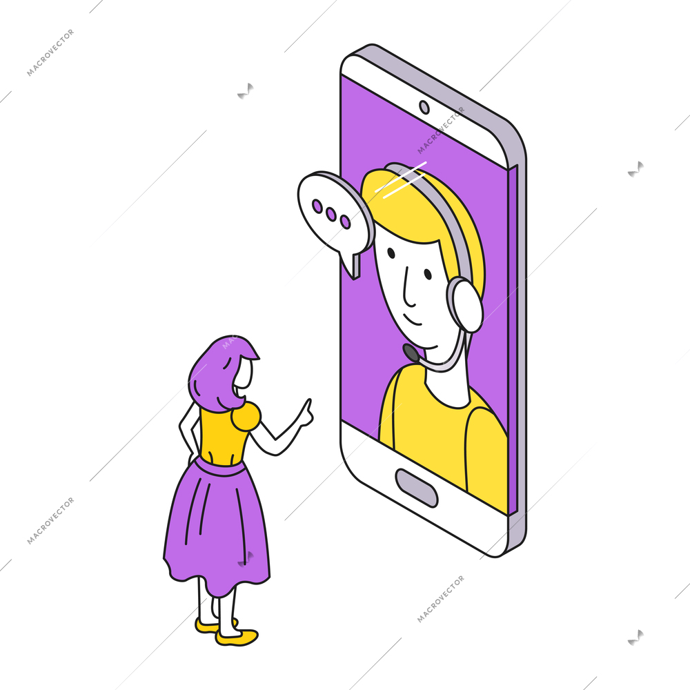 Isometric color concept with girl talking to mobile chatbot 3d vector illustration