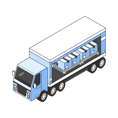 Cargo trailer with cardboard boxes in opened container 3d isometric vector illustration