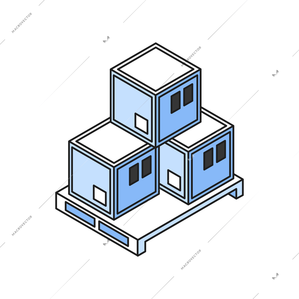 Three isometric parcels in wooden boxes on pallet on white background 3d vector illustration