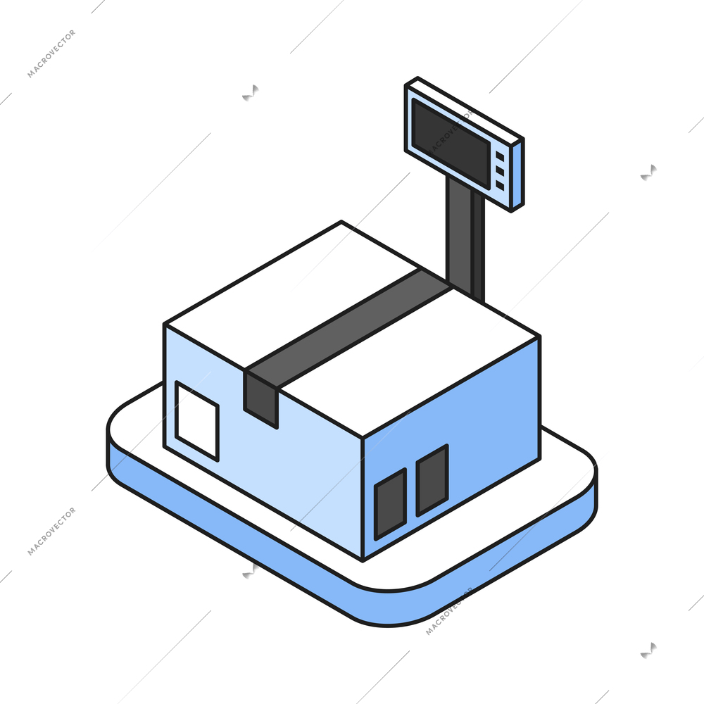 Isometric 3d icon with cardboard box on warehouse electornic scales vector illustration