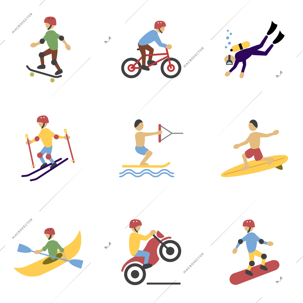 Vacation travel extreme sports icons set of surfing biking rolling and  motorcycling flat vector illustration