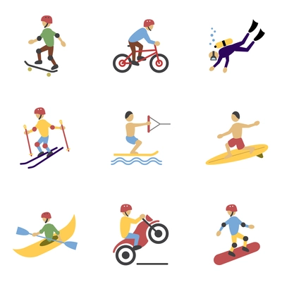 Vacation travel extreme sports icons set of surfing biking rolling and  motorcycling flat vector illustration