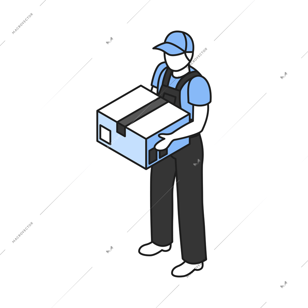 Isometric icon with warehouse worker holding cardboard box 3d vector illustration