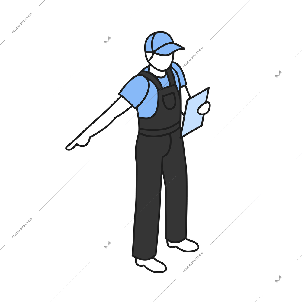 Isometric icon with male worker in cap uniform holding paper 3d vector illustration