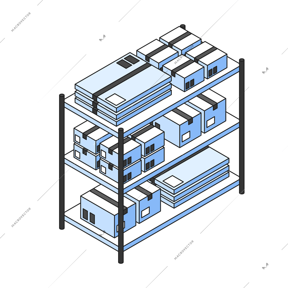 Warehouse shelves with parcels of different size 3d isometric vector illustration