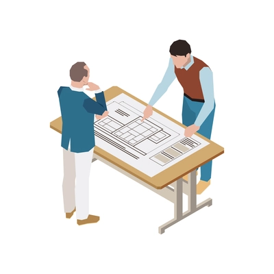 Architect working on construction plan 3d icon isometric vector illustration