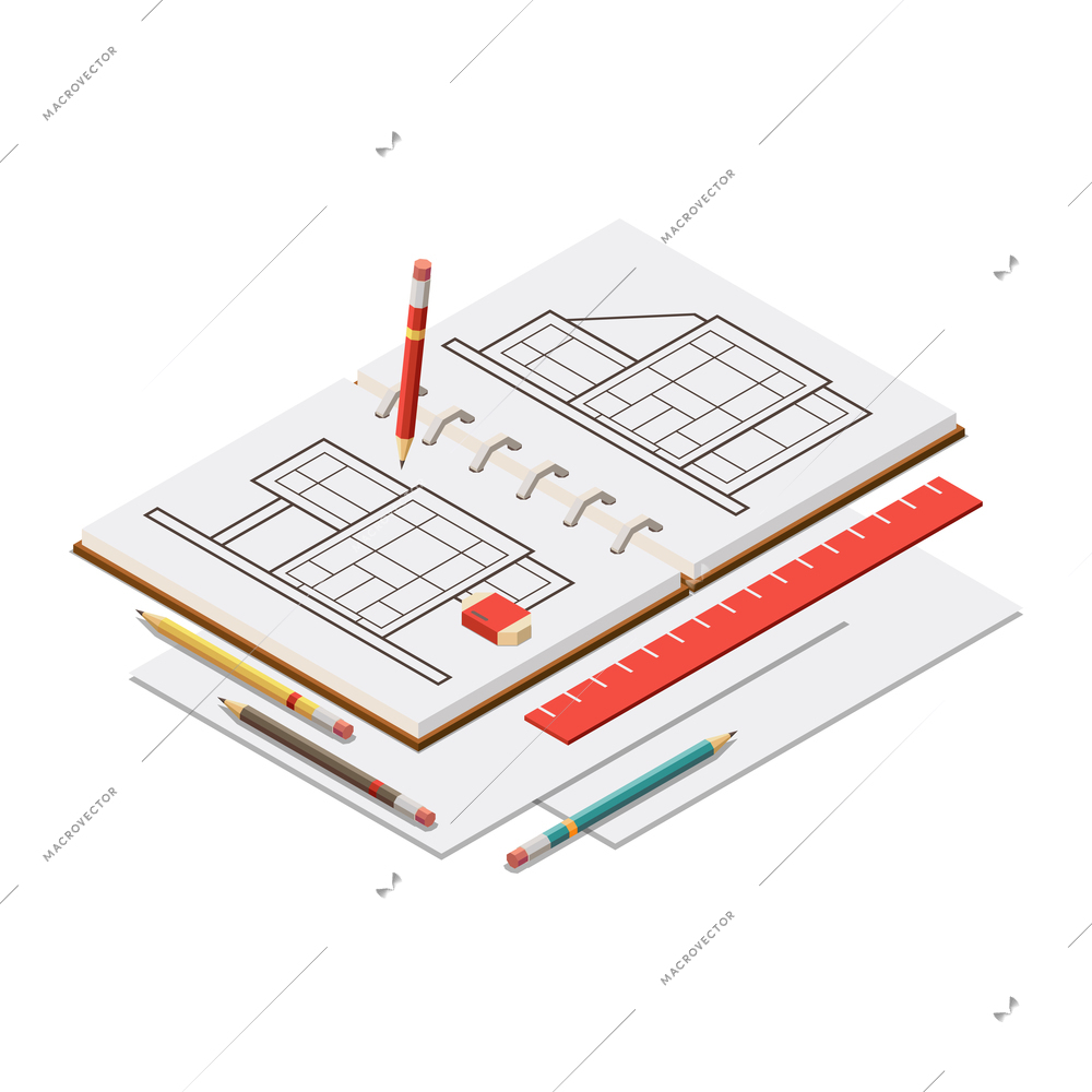 Isometric architect sketchbook and stationery on white background 3d vector illustration