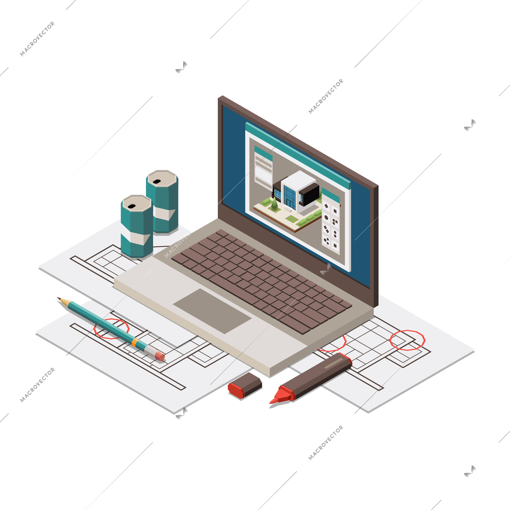 Isometric objects on work place of architect 3d vector illustration