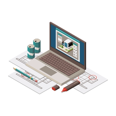 Isometric objects on work place of architect 3d vector illustration