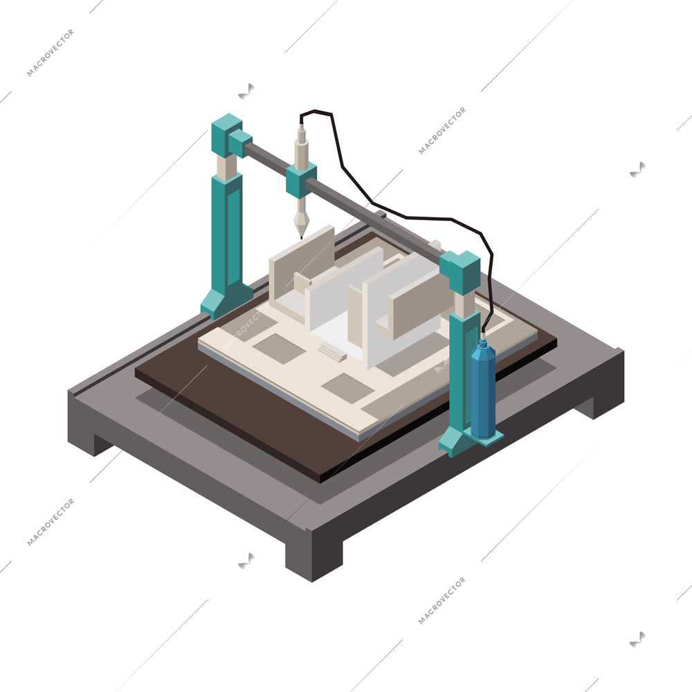 Process of 3d house model printing 3d isometric vector illustration